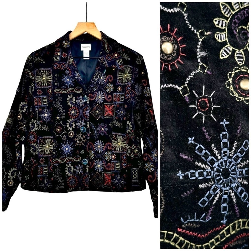 Chico's Statement Jacket Black Velour Colorful Embroidery Studded Boxy | 1 8/10